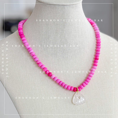 Pink Peruvian Opal Necklace, Quartz Shell Pendant Necklace, Handmade Gemstone Beaded Necklace, Coastal Jewelry, Pink Statement Necklace