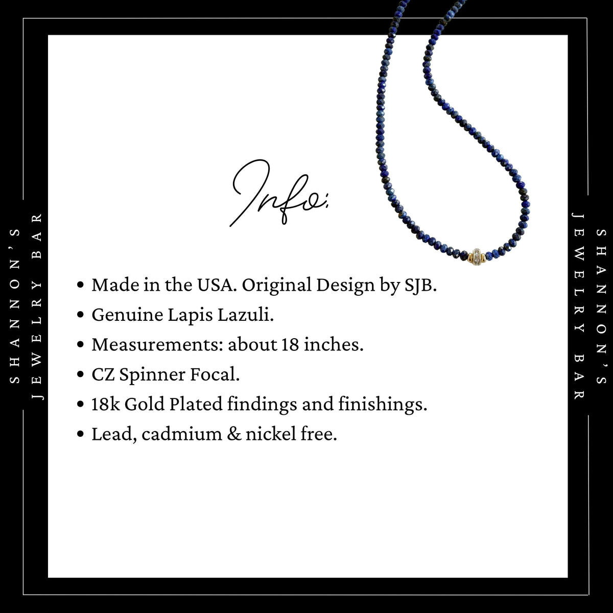 Genuine Lapis Lazuli Necklace, Blue Gemstone Beaded Necklace, CZ Spinner Focal, 18K Gold Plated Jewelry, September Birthstone Gift