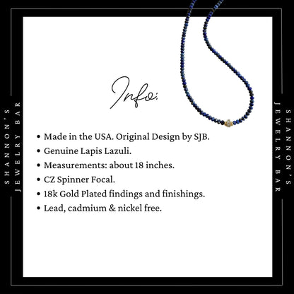 Genuine Lapis Lazuli Necklace, Blue Gemstone Beaded Necklace, CZ Spinner Focal, 18K Gold Plated Jewelry, September Birthstone Gift