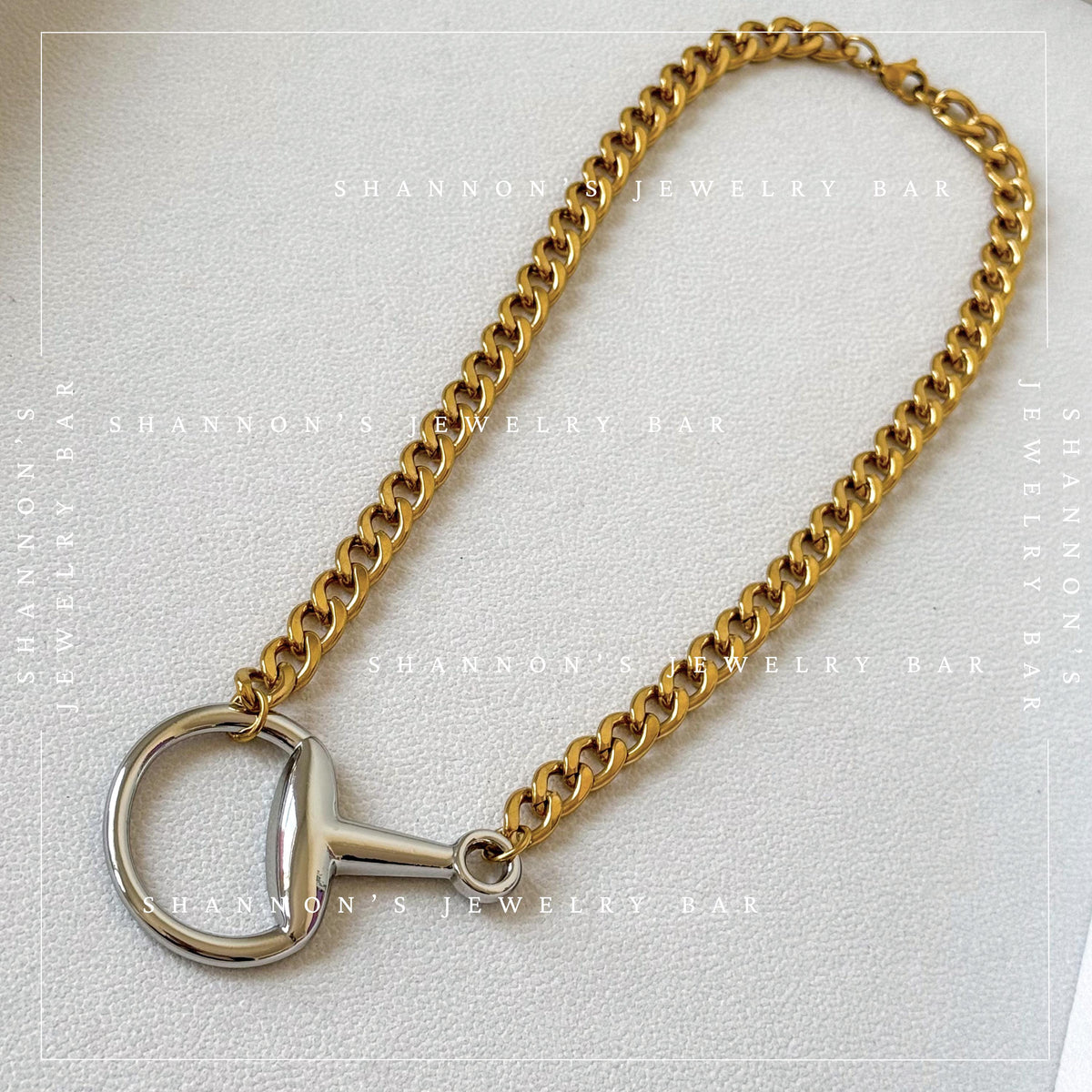 Mixed Metal Horsebit Necklace, Gold Cuban Link Chain Necklace, Silver Horsebit Statement Necklace, Waterproof Stainless Steel Jewelry