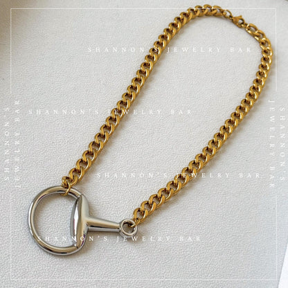 Mixed Metal Horsebit Necklace, Gold Cuban Link Chain Necklace, Silver Horsebit Statement Necklace, Waterproof Stainless Steel Jewelry