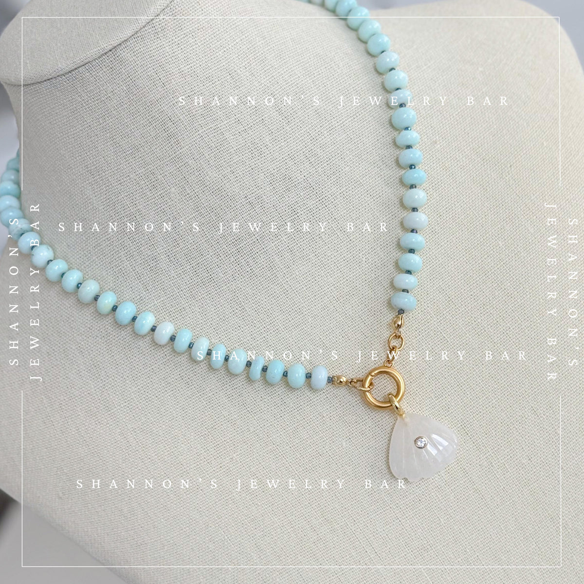 Peruvian Opal Necklace, Blue Opal Beaded Necklace, Gemstone Carabiner Charm Necklace, White Quartz Shell Pendant, Handmade Jewelry