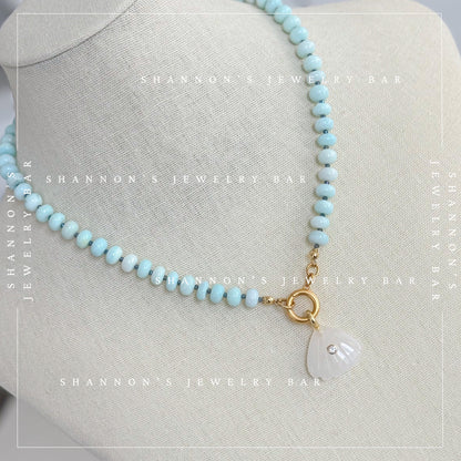 Peruvian Opal Necklace, Blue Opal Beaded Necklace, Gemstone Carabiner Charm Necklace, White Quartz Shell Pendant, Handmade Jewelry