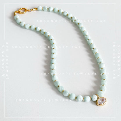 Green Moonstone Beaded Necklace, Genuine Green Moonstone Necklace, Oval CZ Pendant Necklace, Handmade Gemstone Necklace, Gold Beaded Jewelry