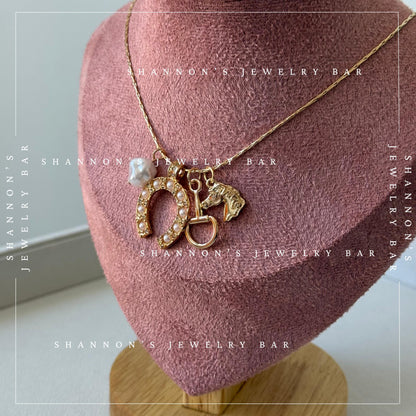 Western Charm Necklace, Gold Horseshoe Necklace, Horse Charm Necklace, Coastal Cowgirl Jewelry Equestrian Necklace, Pearl Charm Necklace