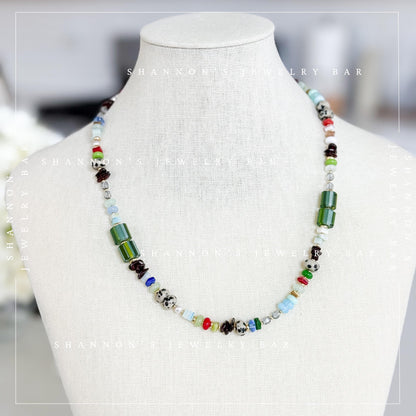 Bead Soup Necklace, Colorful Mixed Gemstone and Glass Beaded Necklace, 18 Inch One of a Kind Statement Jewelry