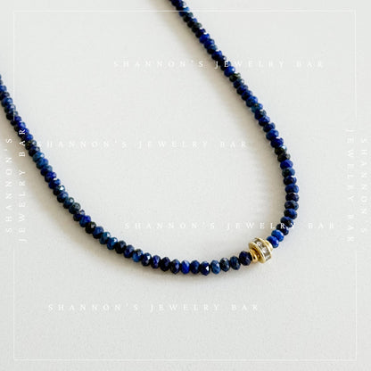 Genuine Lapis Lazuli Necklace, Blue Gemstone Beaded Necklace, CZ Spinner Focal, 18K Gold Plated Jewelry, September Birthstone Gift