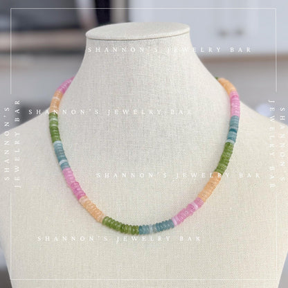 Colorful Quartz Gemstone Necklace, Multicolor Heishi Beaded Necklace, Pastel Rainbow Necklace, Handmade Gemstone Jewelry, Gift for Her