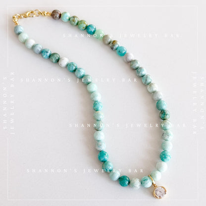 Handmade Amazonite Beaded Necklace, Blue Green Gemstone Necklace with Oval CZ Pendant, Gold Statement Jewelry, Gift for Her