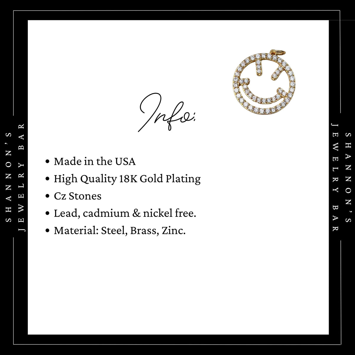 Smiley Face Charm Gold CZ Charm Pendant, Happy Face Charm, Charm Necklace Pendant, Gold Charm for Charm Bar, Cute Jewelry Charm