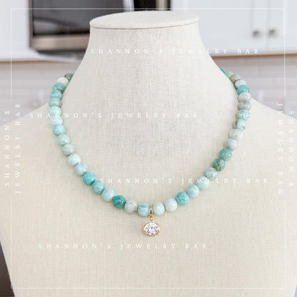 Handmade Amazonite Beaded Necklace, Blue Green Gemstone Necklace with Oval CZ Pendant, Gold Statement Jewelry, Gift for Her