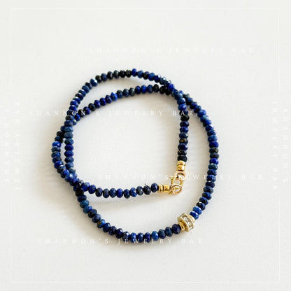 Genuine Lapis Lazuli Necklace, Blue Gemstone Beaded Necklace, CZ Spinner Focal, 18K Gold Plated Jewelry, September Birthstone Gift