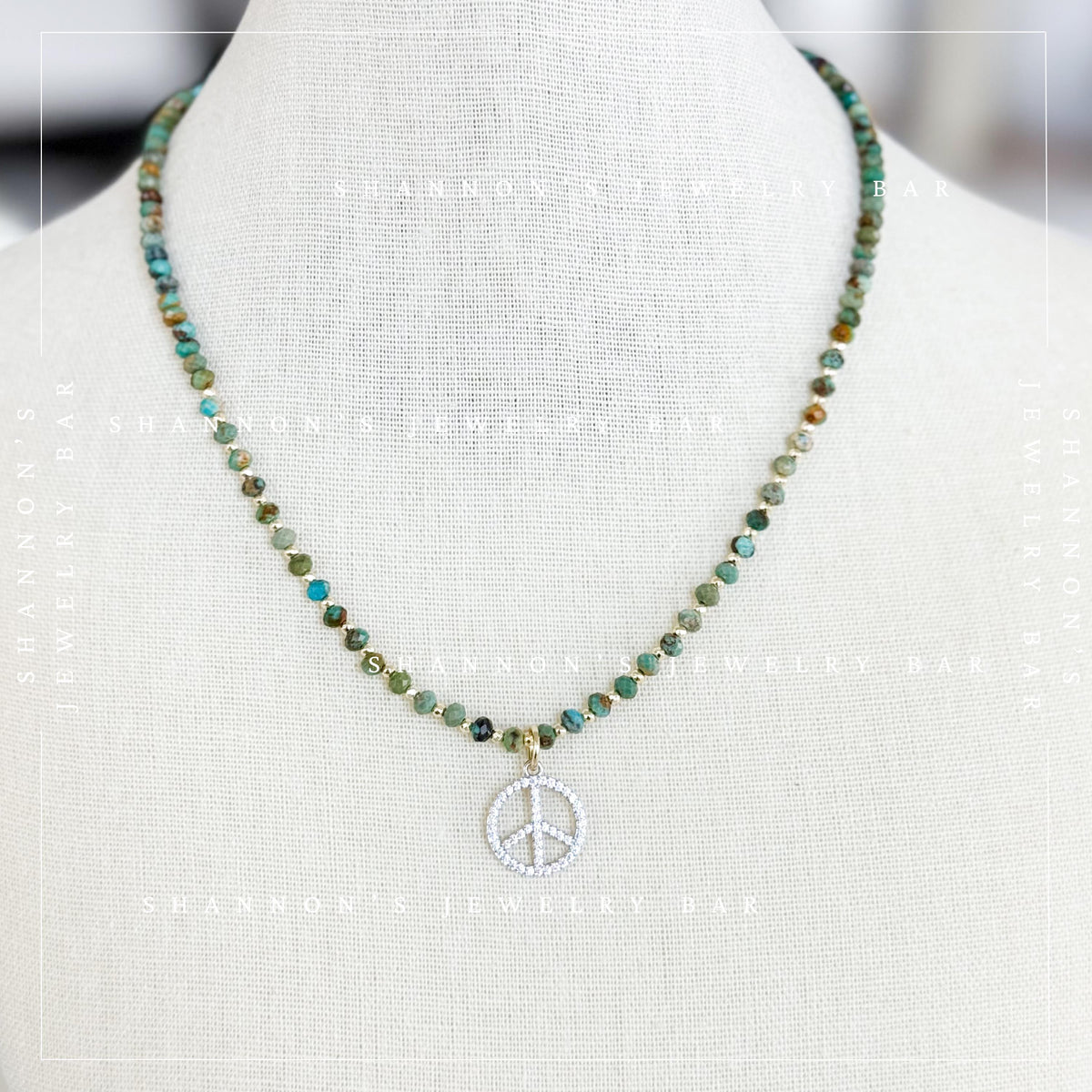 African Turquoise Necklace with CZ Peace Sign Pendant, Green Gemstone Beaded Necklace, Boho Hippie Jewelry, 18 Inch