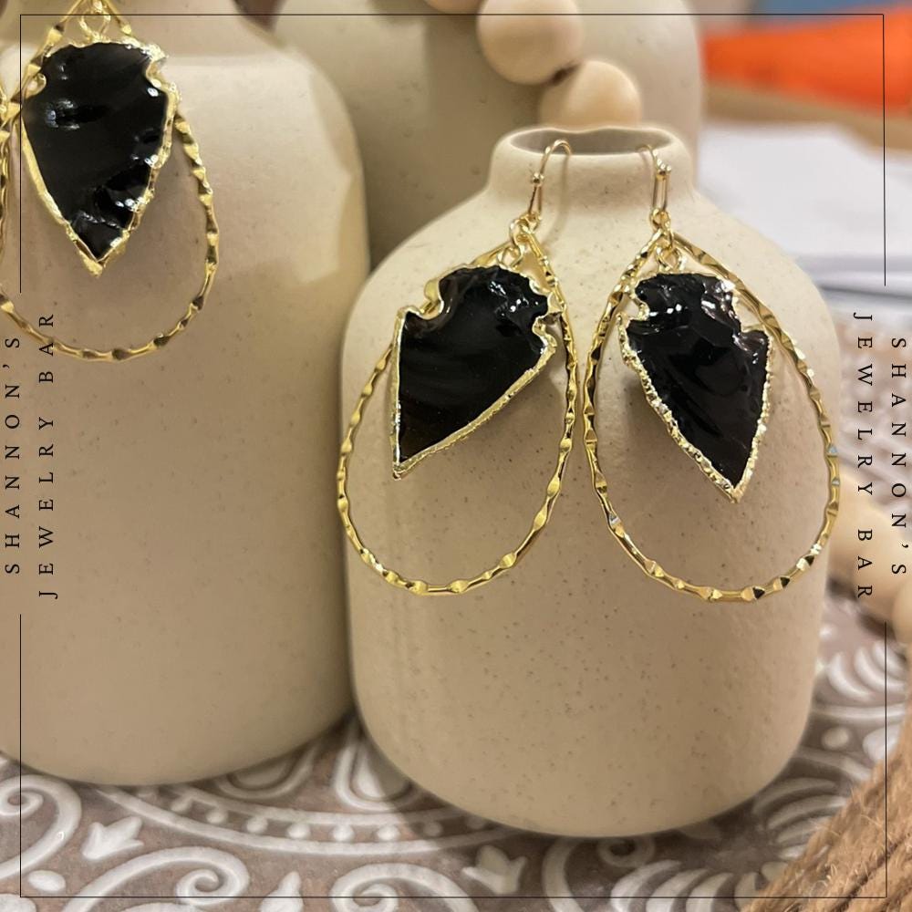 Handmade 18K Gold Plated Black Obsidian Arrowhead Hoop Earrings