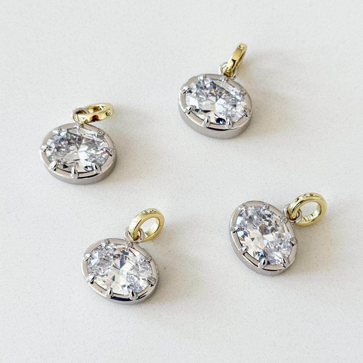 East West Brilliant Oval Pendant Charm, Mixed Metal Necklace Charm, Georgian Style Pendant, Bezel Set 8 Prong Solitaire