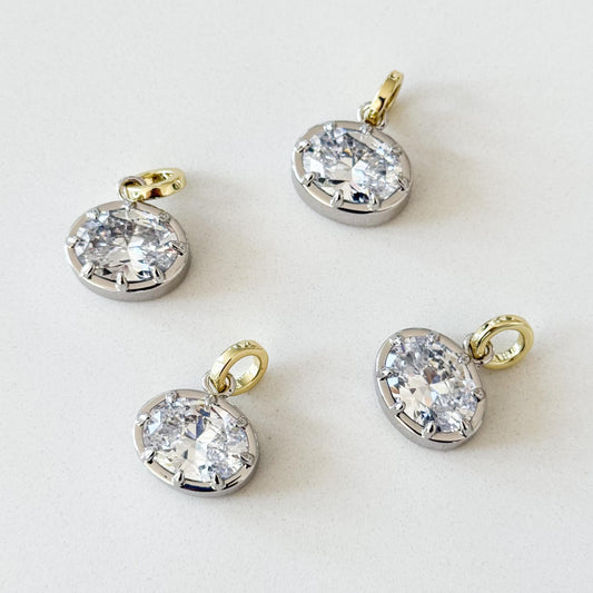 East West Brilliant Oval Pendant Charm, Mixed Metal Necklace Charm, Georgian Style Pendant, Bezel Set 8 Prong Solitaire