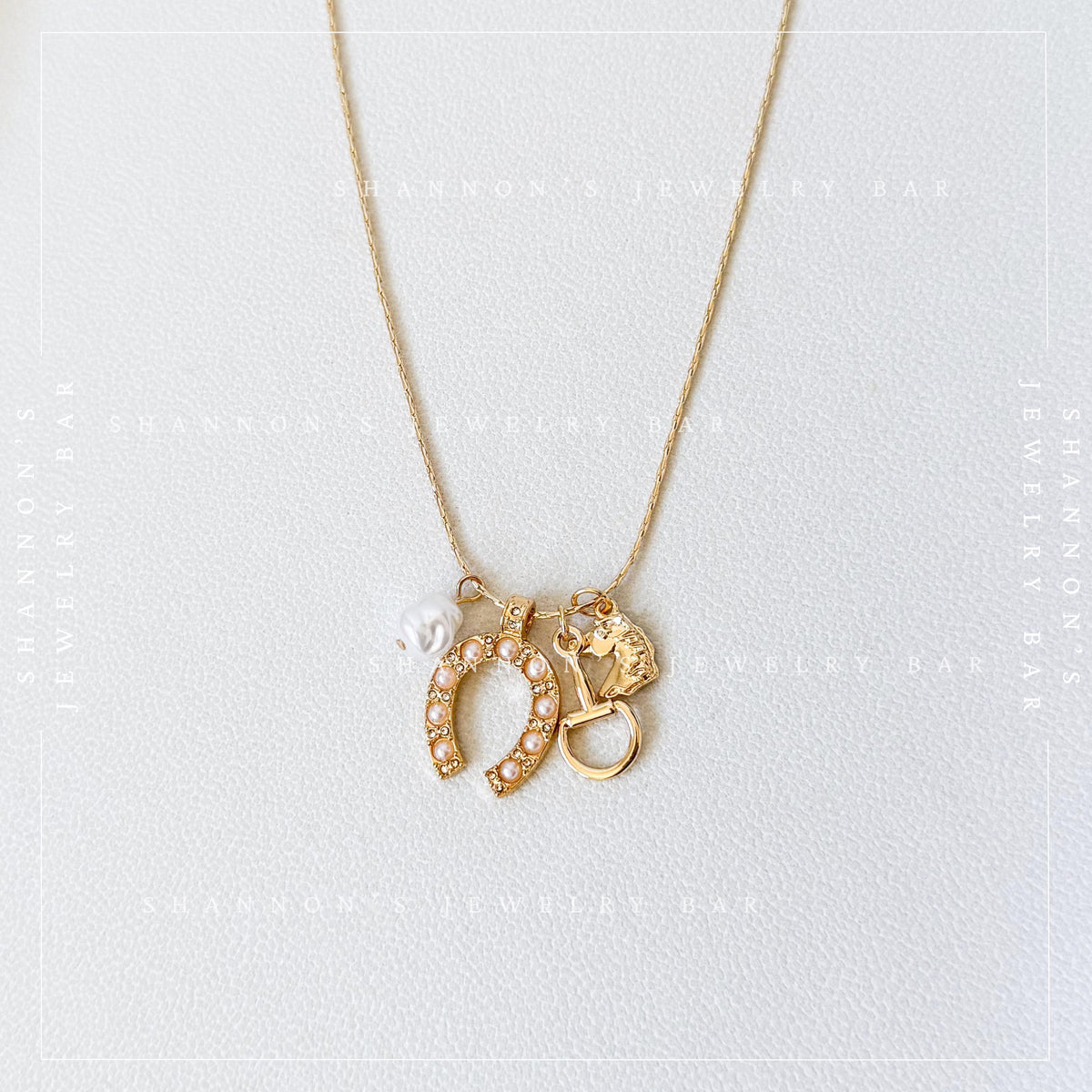 Western Charm Necklace, Gold Horseshoe Necklace, Horse Charm Necklace, Coastal Cowgirl Jewelry Equestrian Necklace, Pearl Charm Necklace