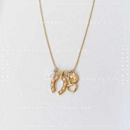 Western Charm Necklace, Gold Horseshoe Necklace, Horse Charm Necklace, Coastal Cowgirl Jewelry Equestrian Necklace, Pearl Charm Necklace