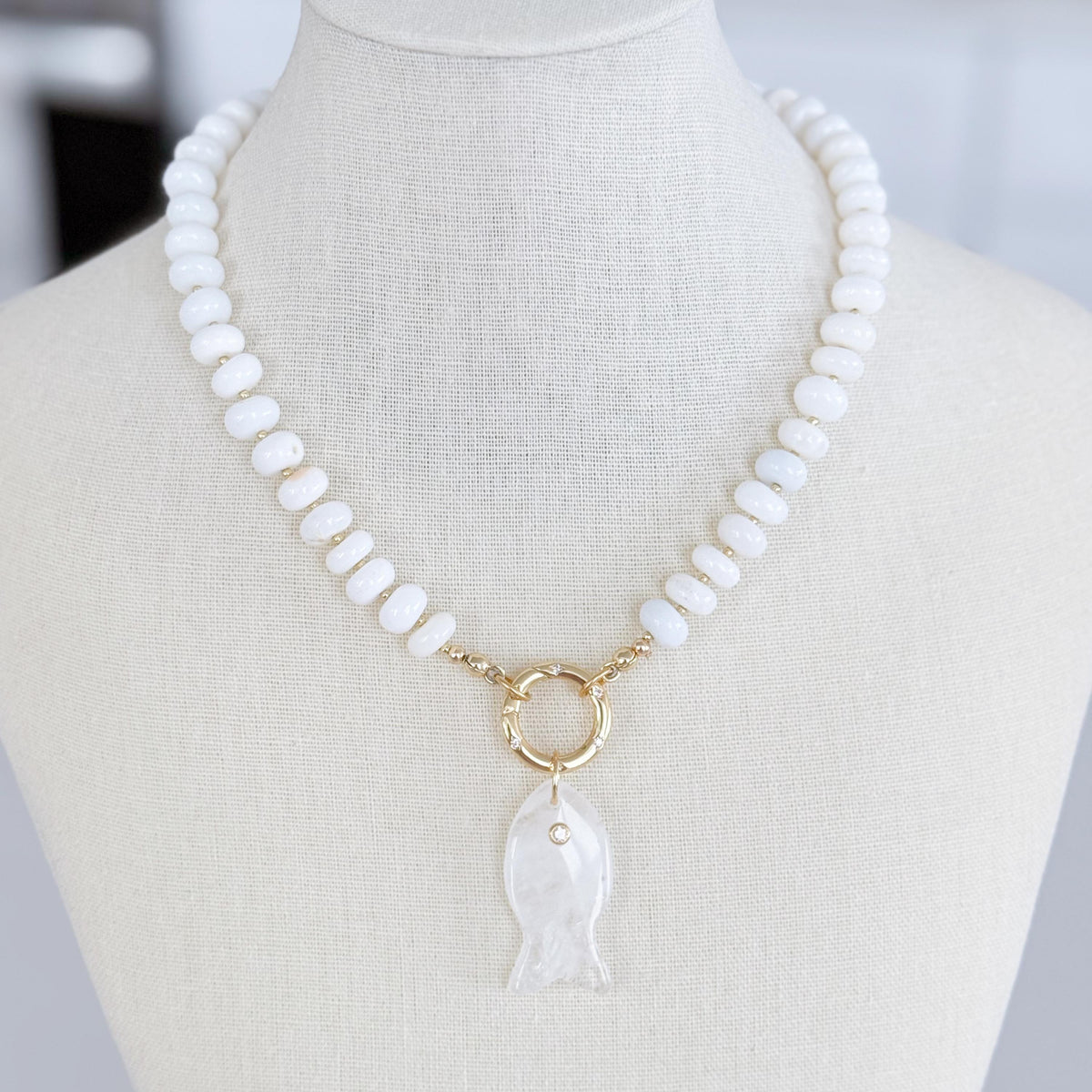 White Opal Beaded Necklace, Genuine Opal Gemstone Necklace, Gold Carabiner Charm Holder Necklace, Fish Pendant Necklace