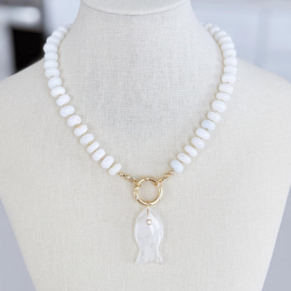 White Opal Beaded Necklace, Genuine Opal Gemstone Necklace, Gold Carabiner Charm Holder Necklace, Fish Pendant Necklace