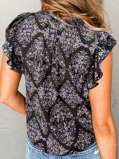 Tassel Ruffled Floral Cap Sleeve Blouse - Shannon’s Jewelry Bar