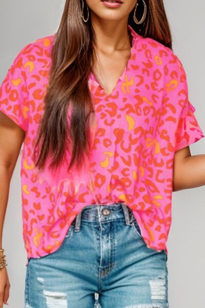 Printed V-Neck Cap Sleeve Blouse - Shannon’s Jewelry Bar